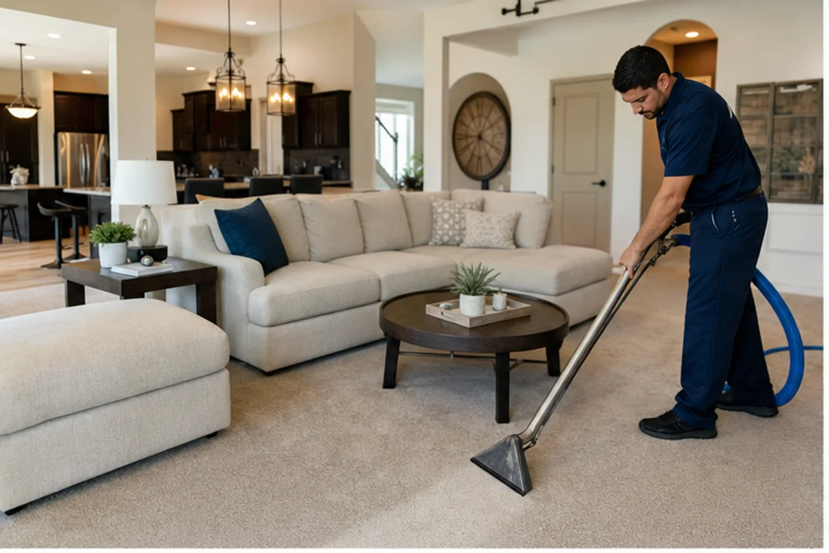 A bright lived-in room with freshly maintained residential carpet in a Crown Point home for carpet cleaning