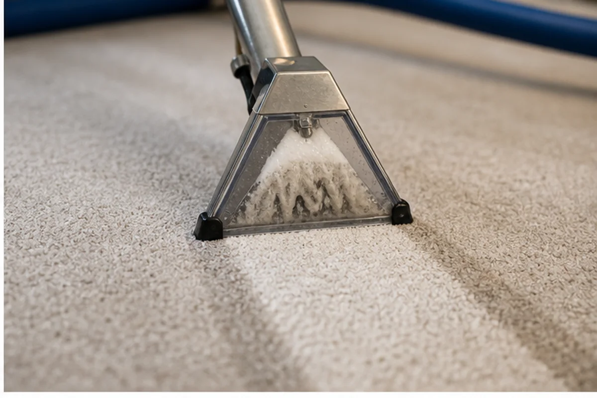 Close professional detail of carpet cleaning assessment in a Griffith home