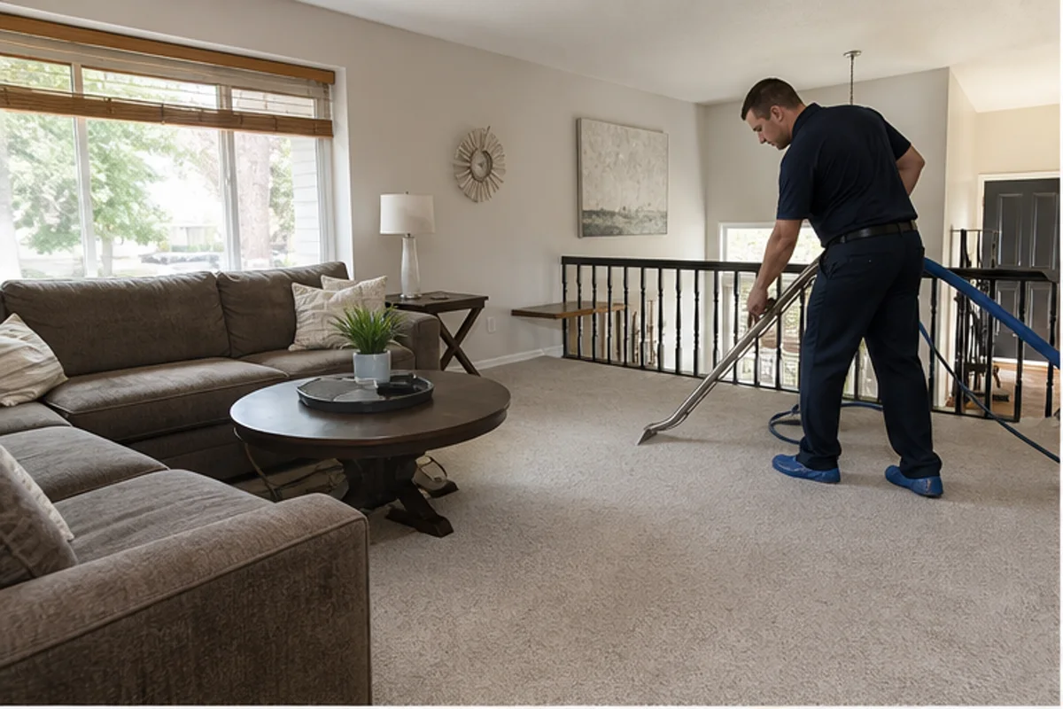 A bright lived-in room with freshly maintained residential carpet in a Highland home for carpet cleaning