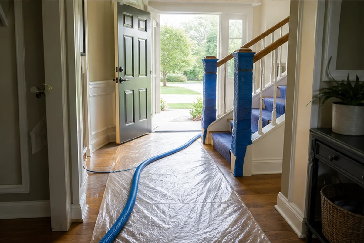 A Munster interior prepared with a clear access path for carpet cleaning