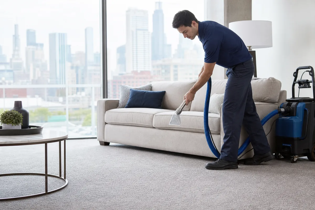 Technician preparing hammond carpet and upholstery cleaning services in a Hammond home