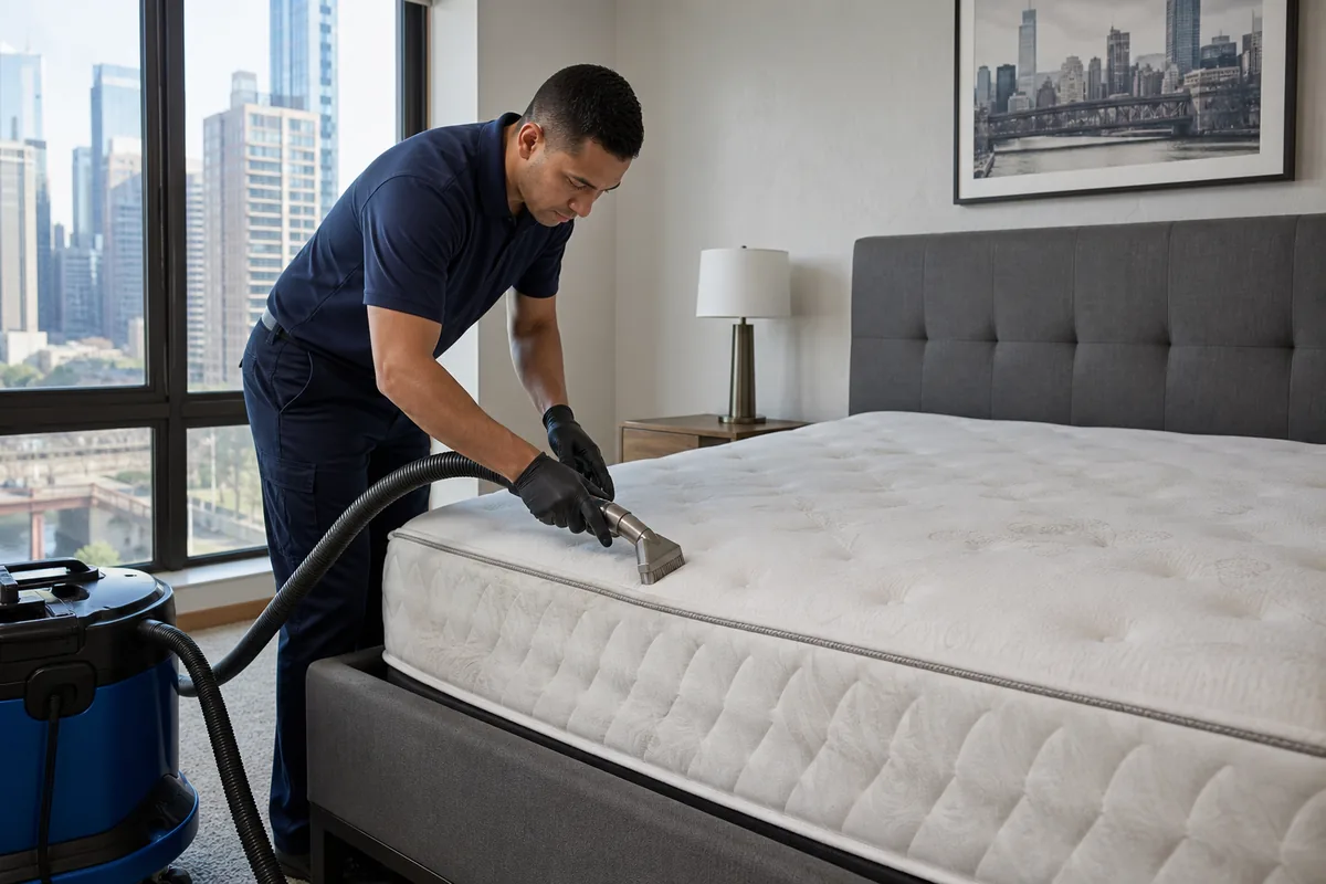 Technician performing detailed dry soil removal along mattress piping and quilting