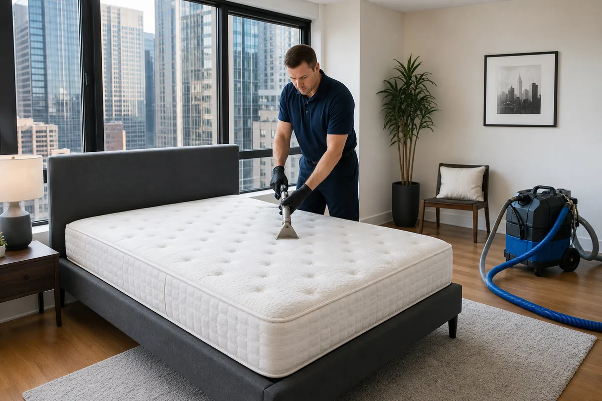 Clean mattress positioned uncovered with open space around it for airflow