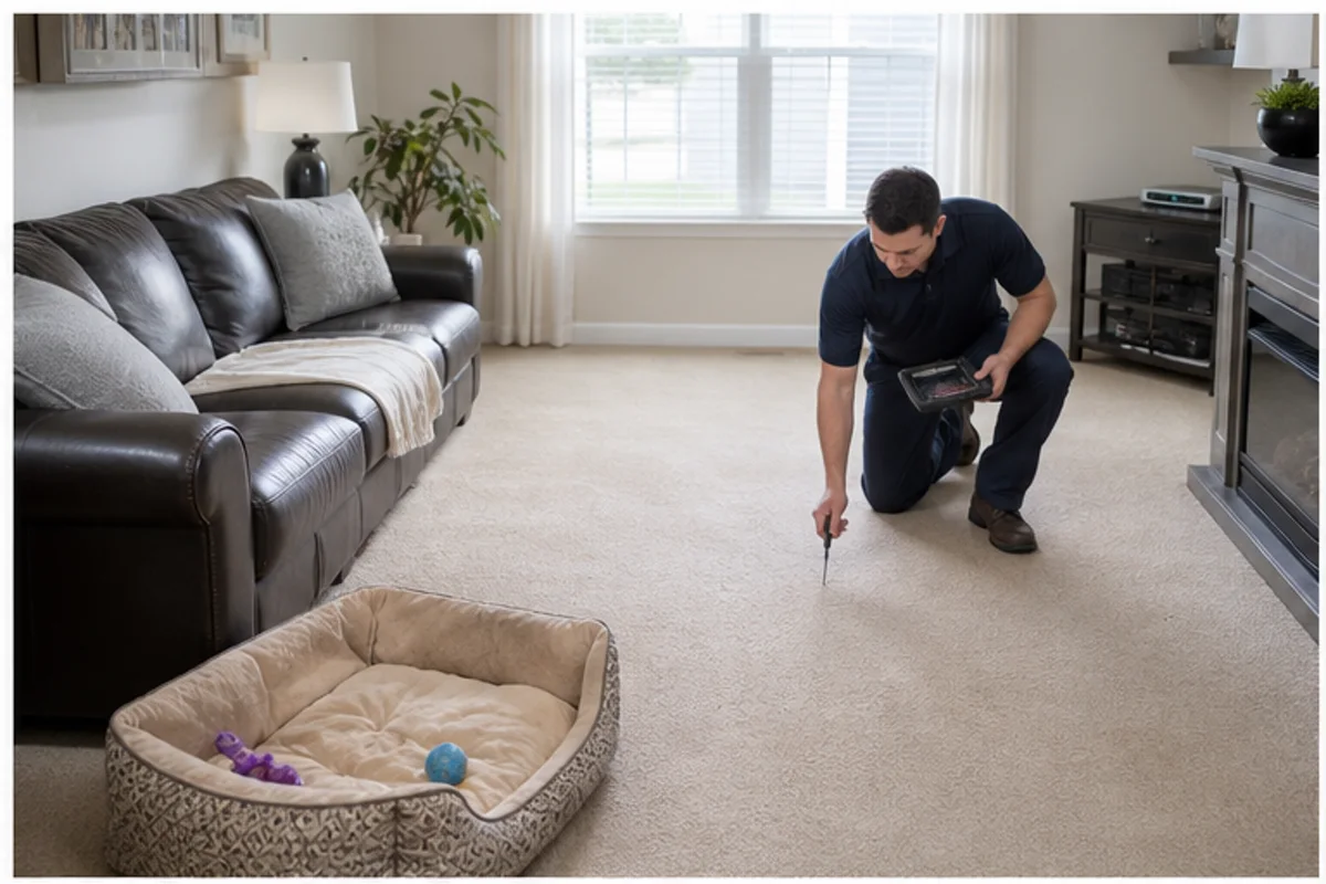 A calm family room with clean carpet, a pet bed moved aside, and generous daylight in a Griffith home for pet odor removal