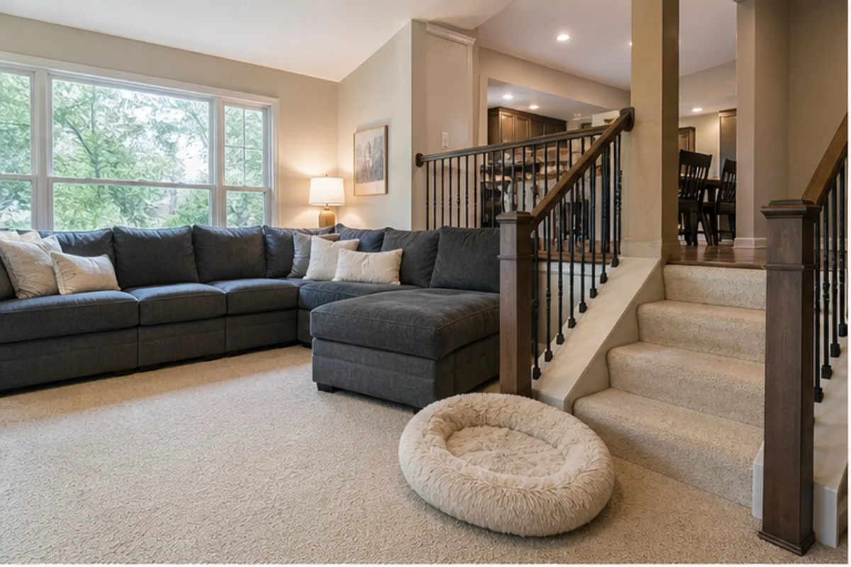 A calm family room with clean carpet, a pet bed moved aside, and generous daylight in a Highland home for pet odor removal