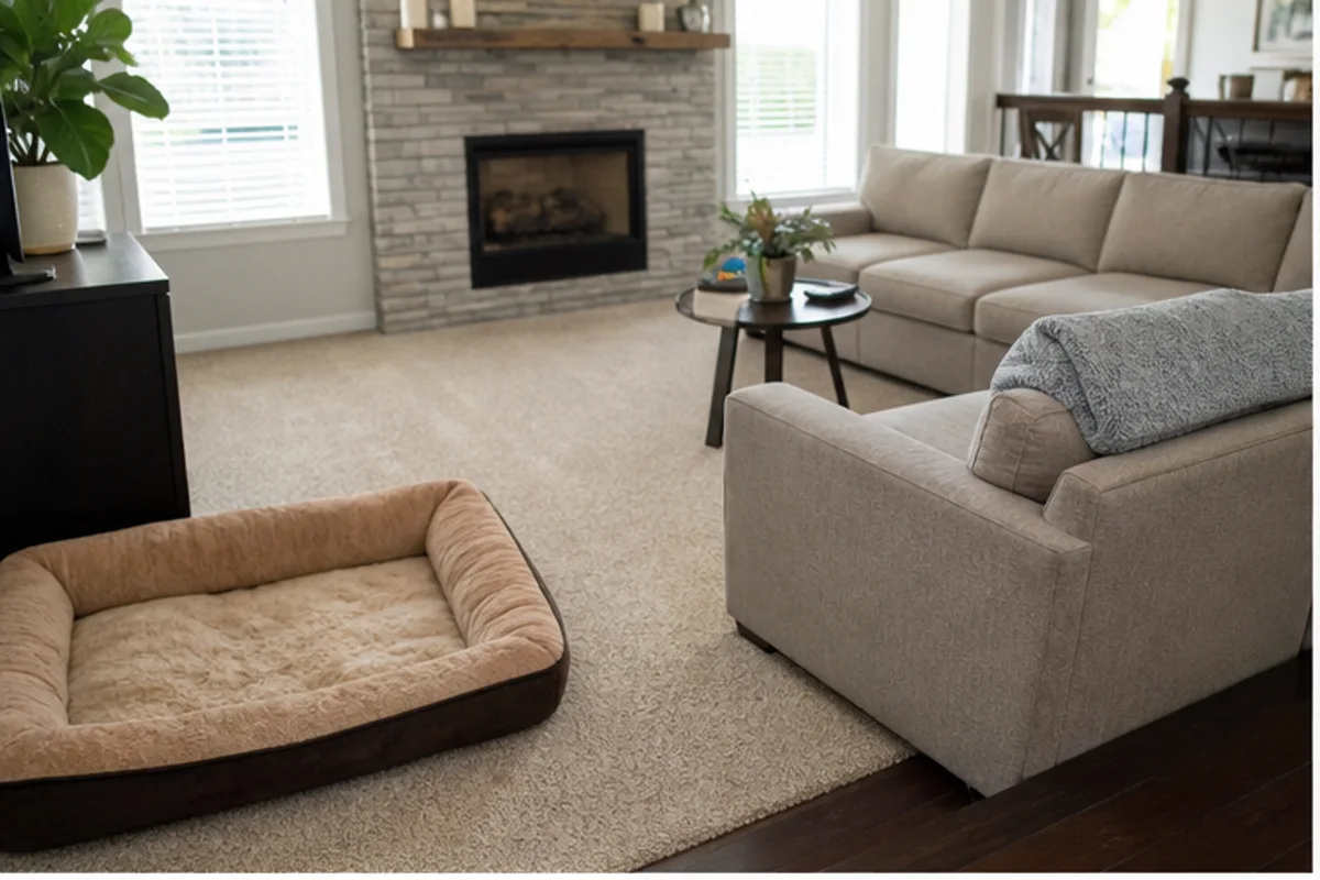 A calm family room with clean carpet, a pet bed moved aside, and generous daylight in a Munster home for pet odor removal