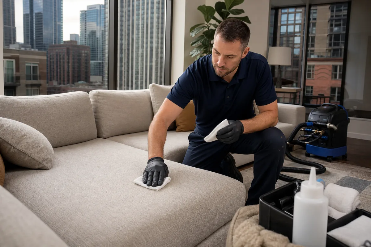 Controlled spot treatment on an upholstered cushion using white inspection towels