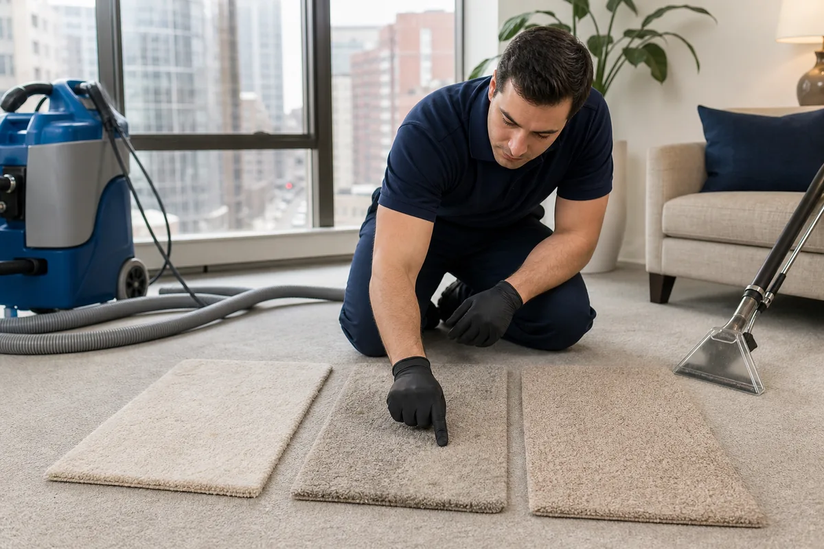 Close comparison of removable residue, pile wear, and dye loss on three carpet samples