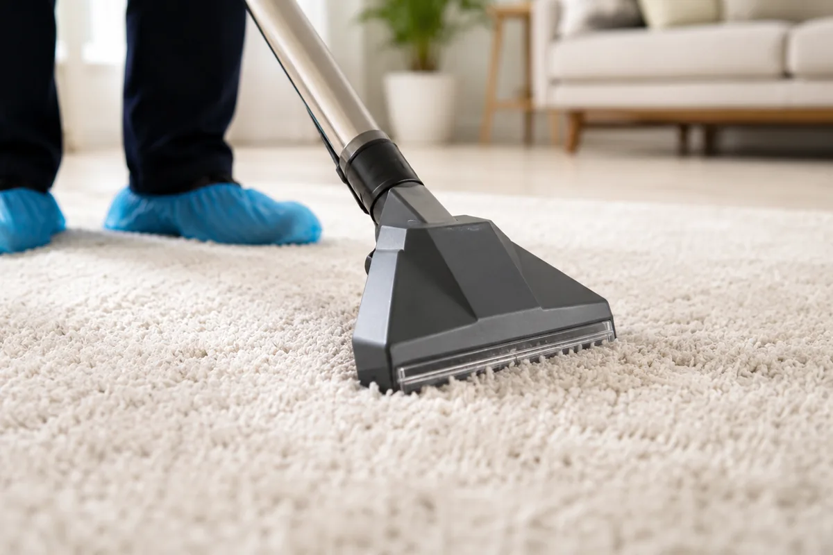 Technician documenting a localized carpet stain with surrounding clean fiber visible