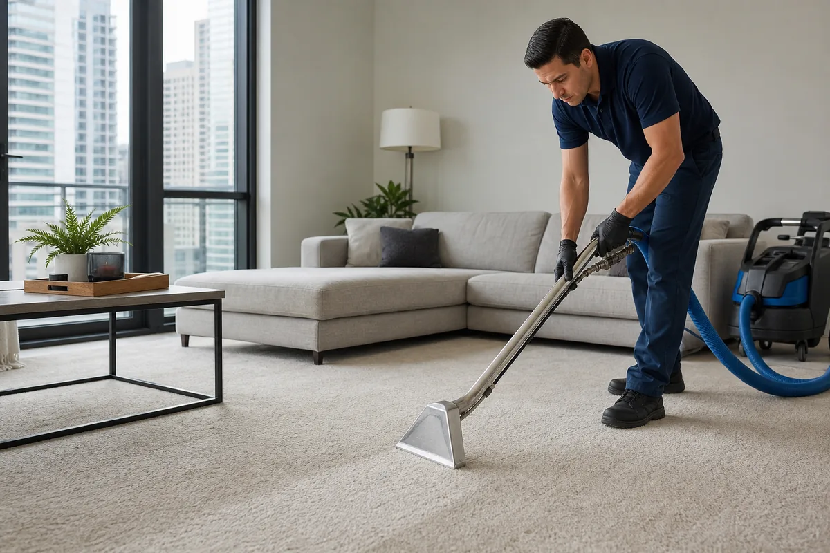 Technician documenting a localized carpet stain with surrounding clean fiber visible