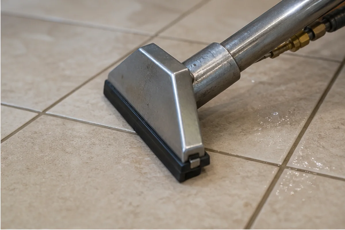Close professional detail of tile & grout cleaning assessment in a Griffith home