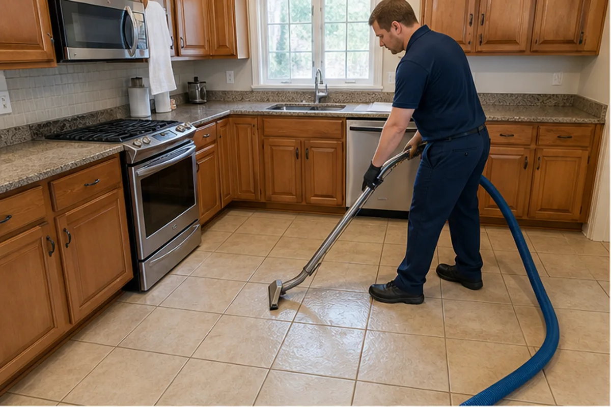 A clean kitchen or entry with detailed tile flooring and warm daylight in a Griffith home for tile & grout cleaning