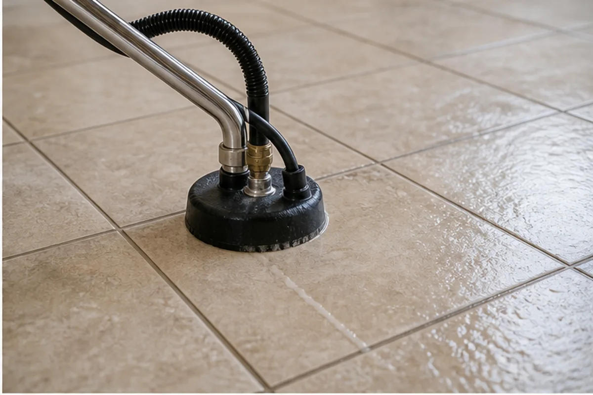 Close professional detail of tile & grout cleaning assessment in a Hammond home