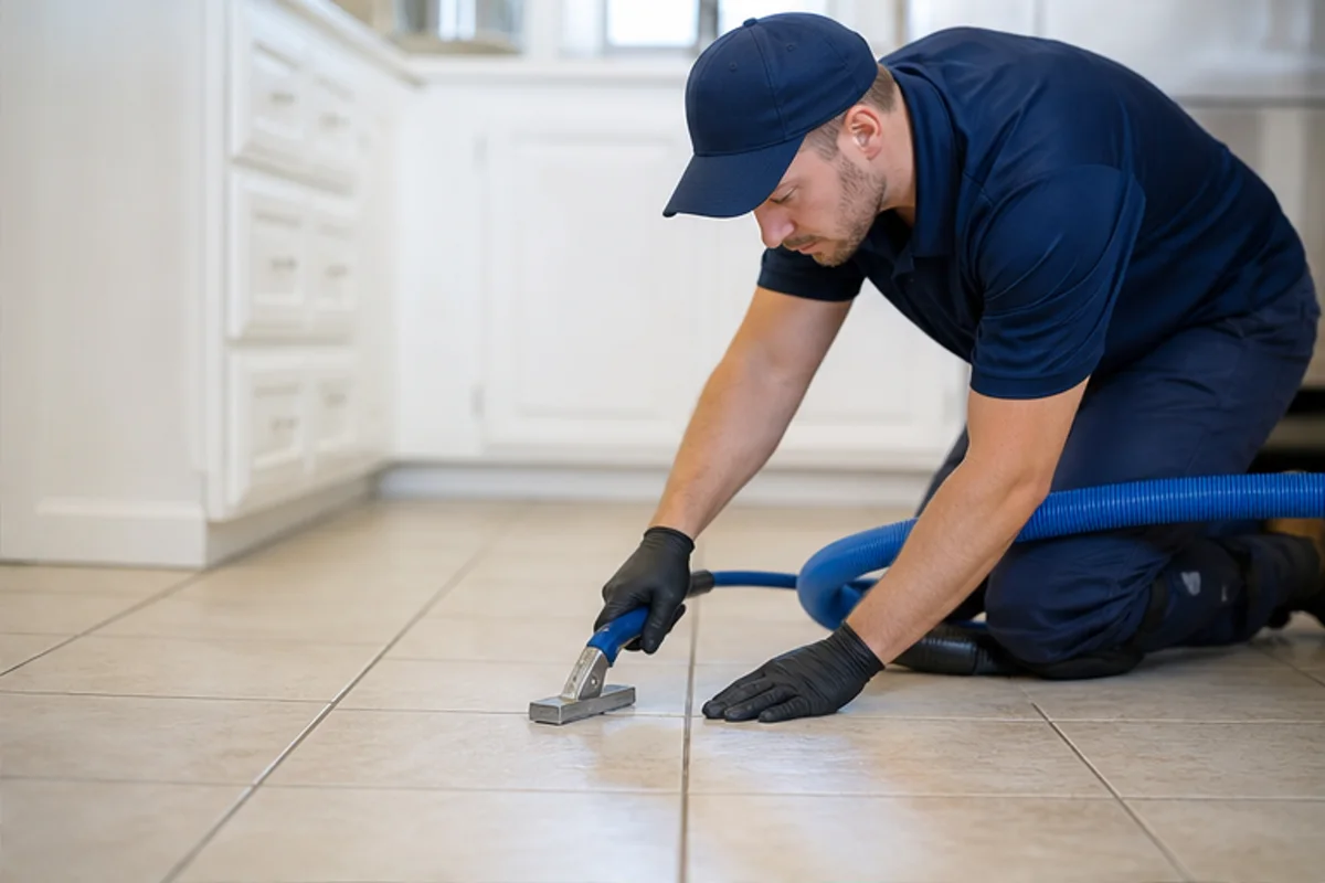 Close professional detail of tile & grout cleaning assessment in a Highland home