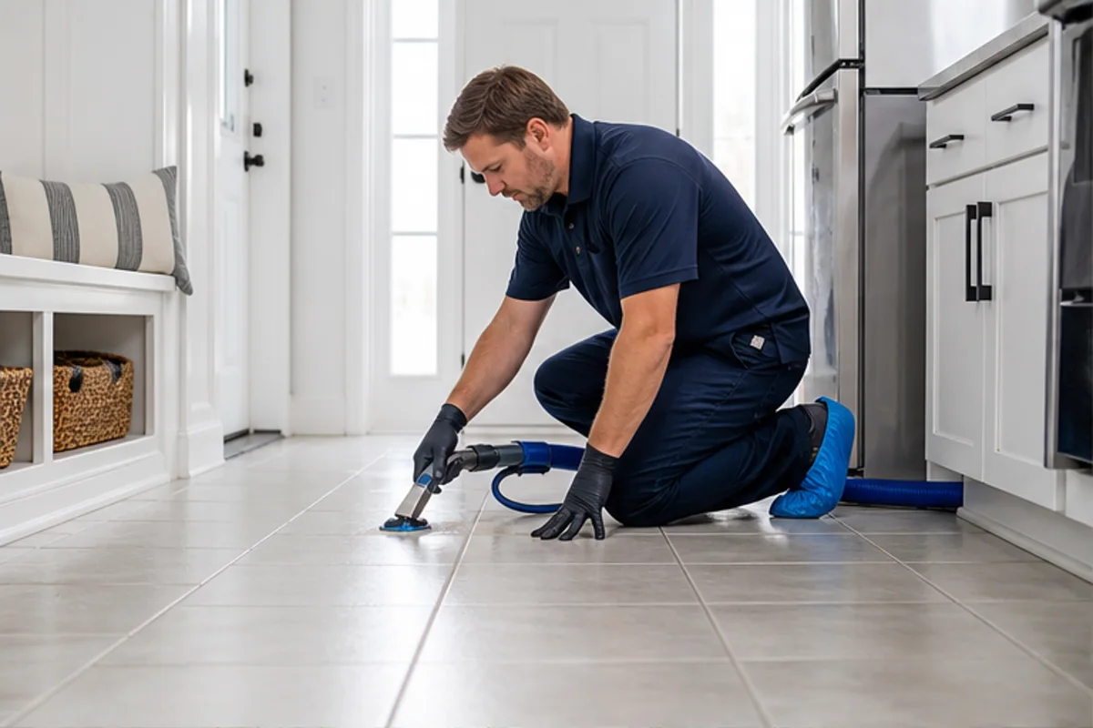 A clean kitchen or entry with detailed tile flooring and warm daylight in a St. John home for tile & grout cleaning