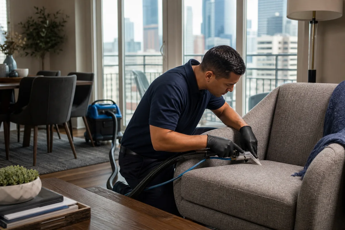 Technician detailing crumbs and pet hair from a chair seam