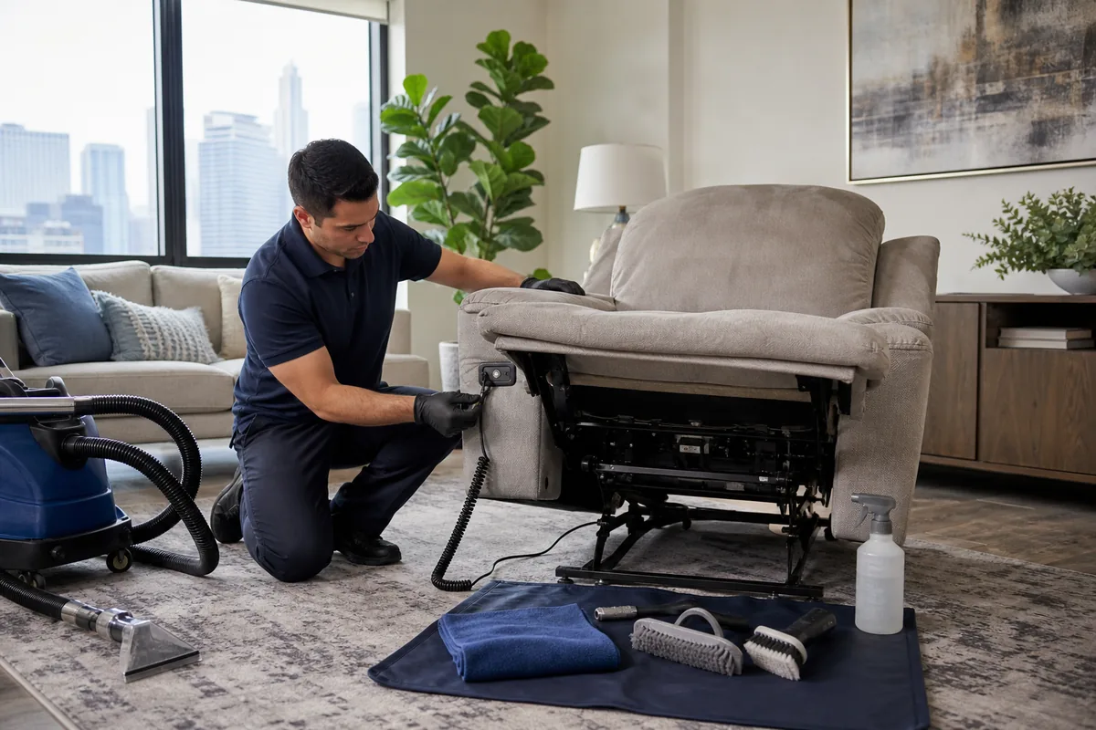 Powered recliner controls and mechanism carefully identified before upholstery cleaning