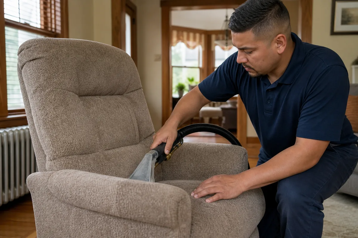Fabric recliner in a Hammond bungalow with visible high-contact areas on arms and headrest