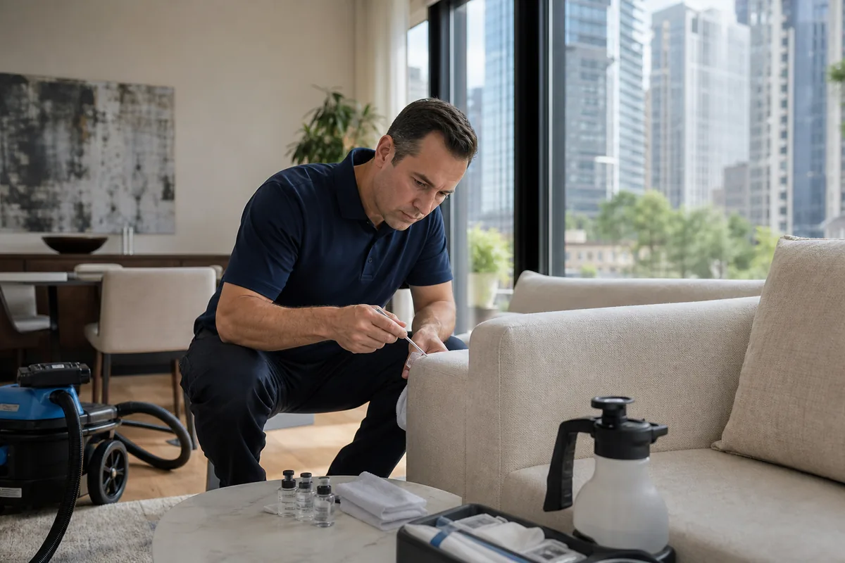 Technician testing a discreet cotton upholstery panel for color response