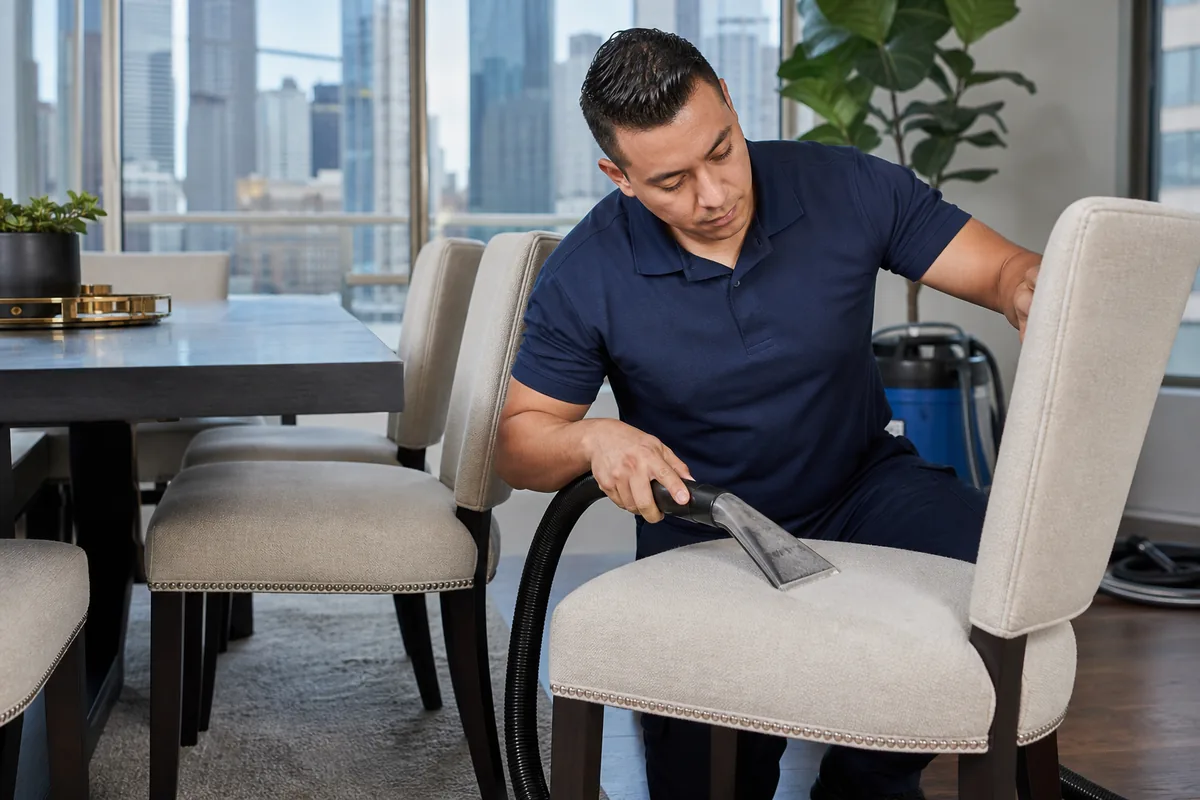 Close detail vacuuming along dining chair piping and seat edges