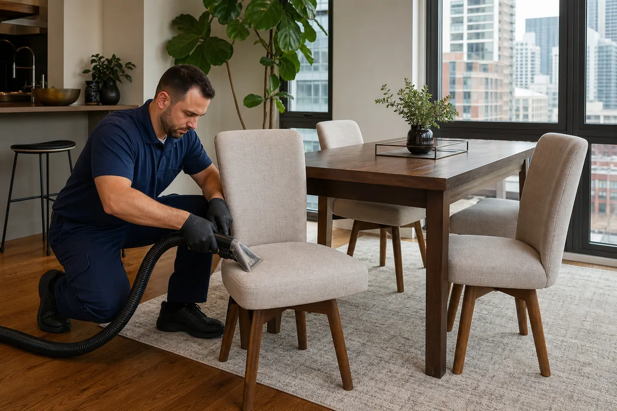 Set of upholstered dining chairs arranged for inspection in a Hammond-area apartment