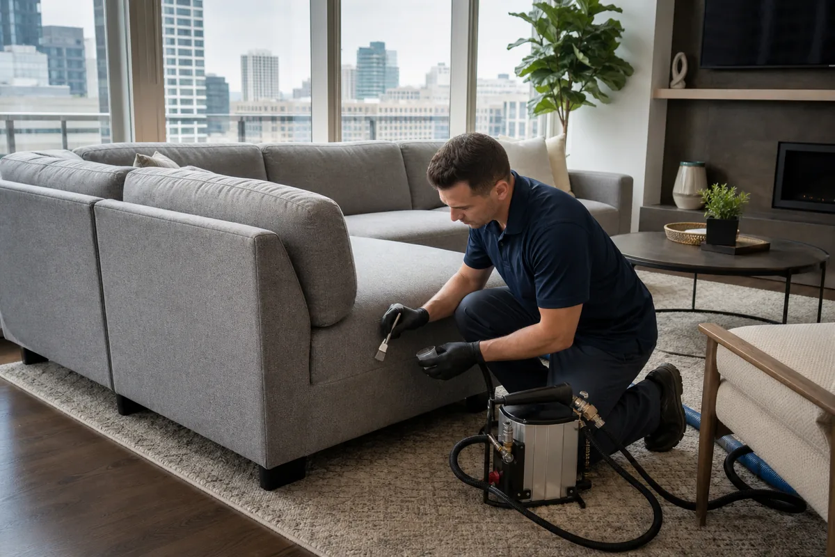 Discreet upholstery test on the lower rear corner of a sectional