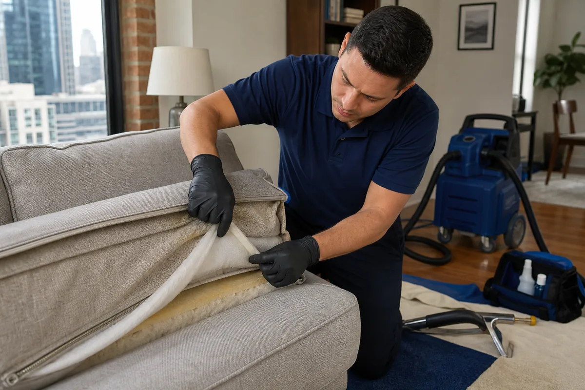 Close inspection of a pet spot across cushion cover and underlying fill layers