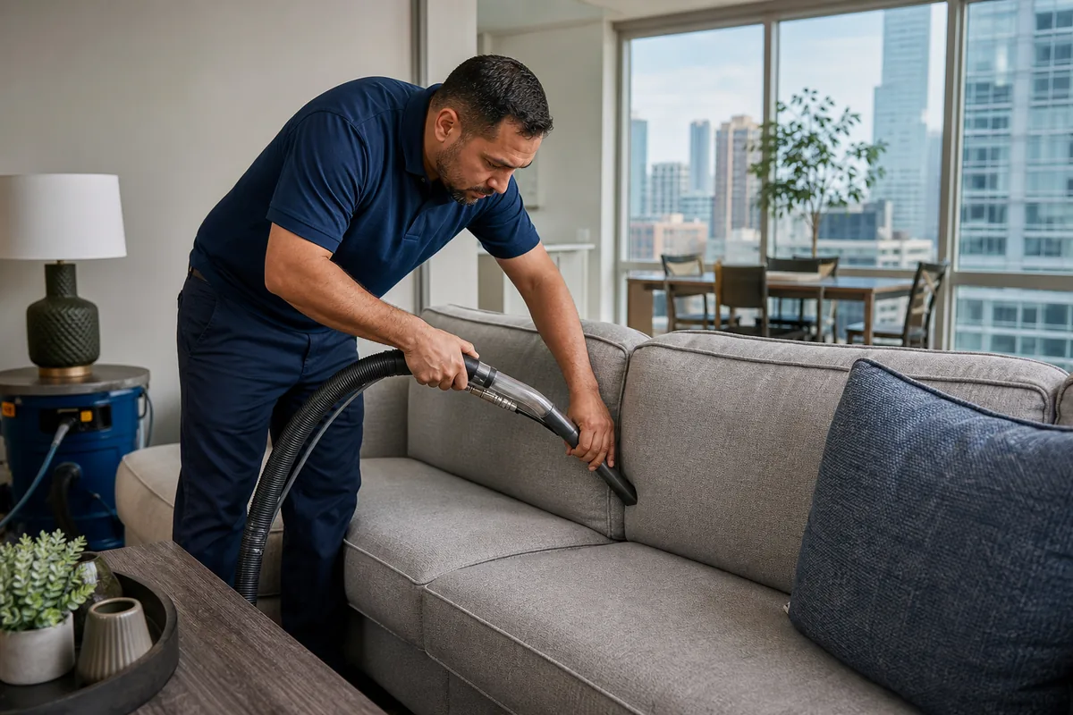 Detailed vacuuming between sofa cushions and along piping
