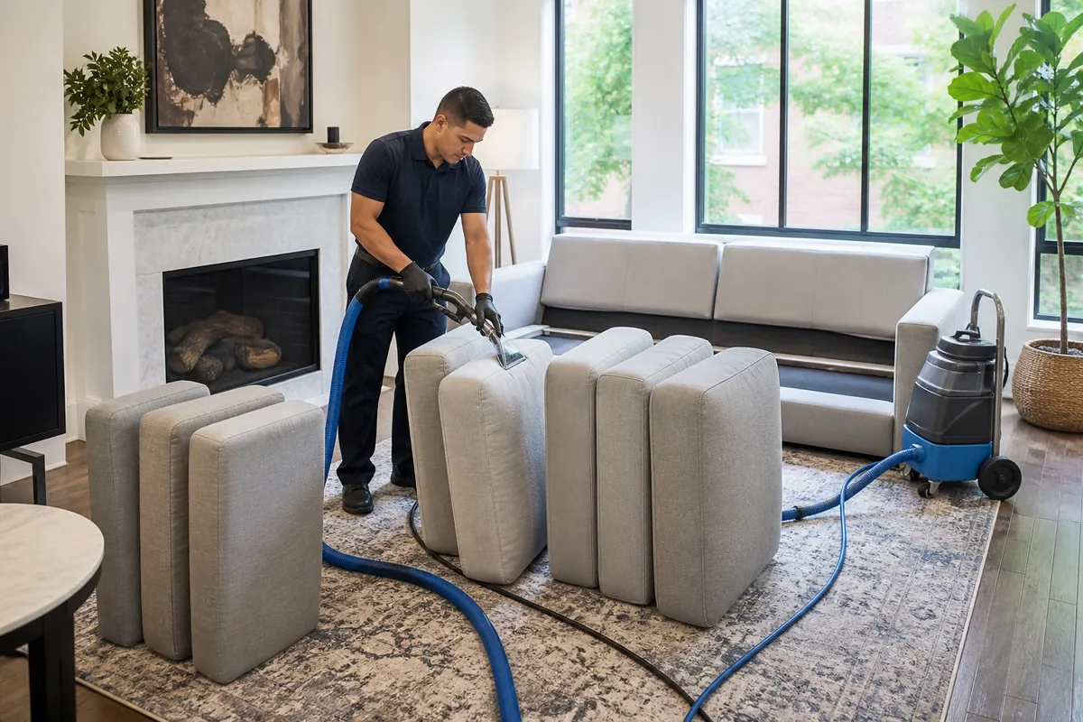 Separated sectional cushions positioned upright for airflow in a bright living room