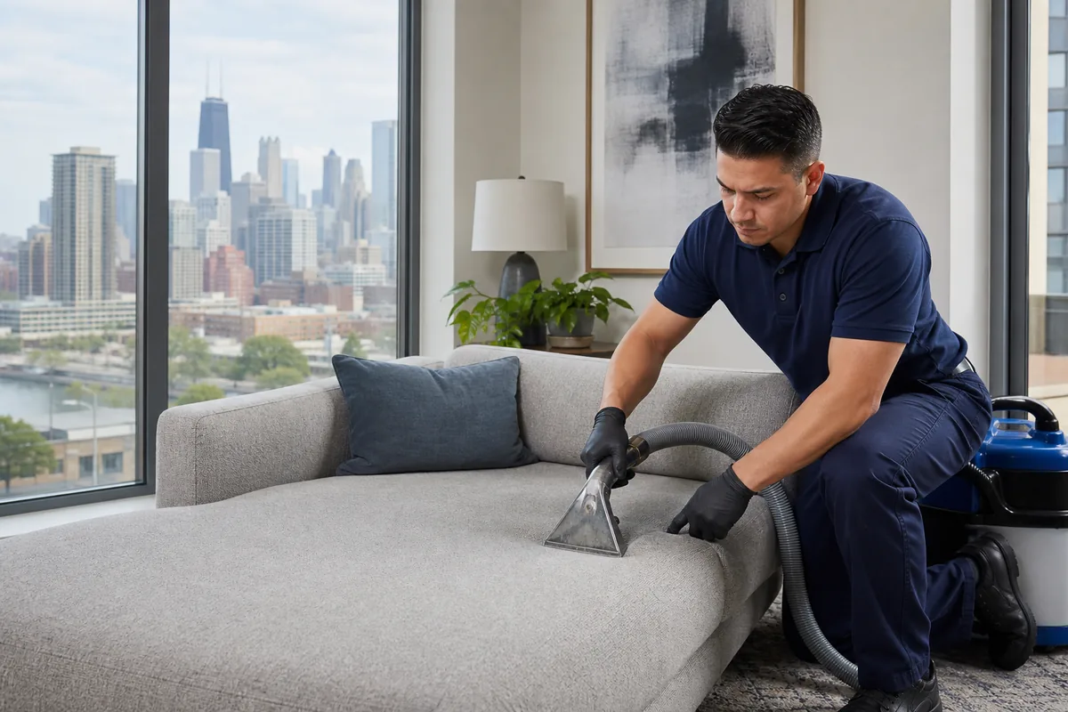 Technician inspecting care labels beneath a Northwest Indiana condo sectional