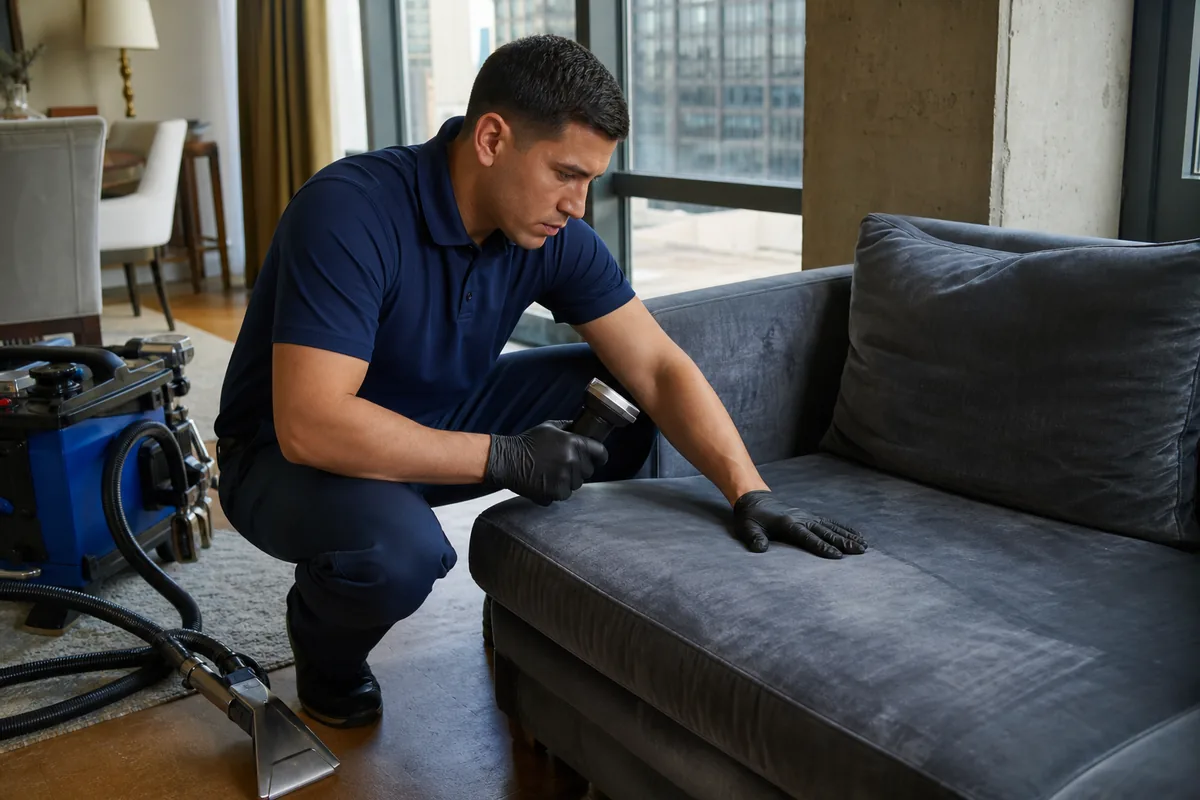 Technician examining velvet pile and care information before treatment