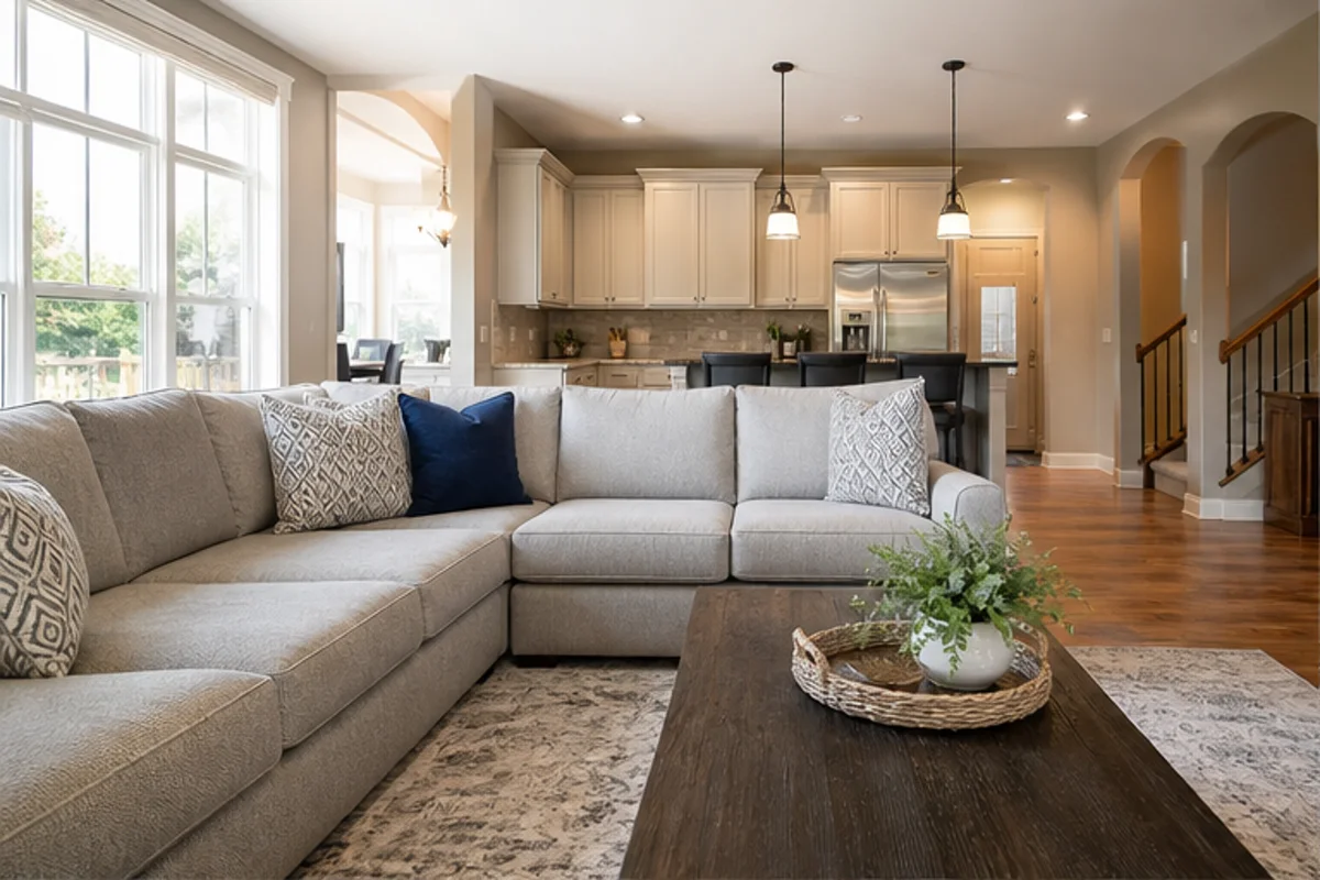 A well-kept family room with a fabric sofa and natural window light in a Crown Point home for upholstery cleaning