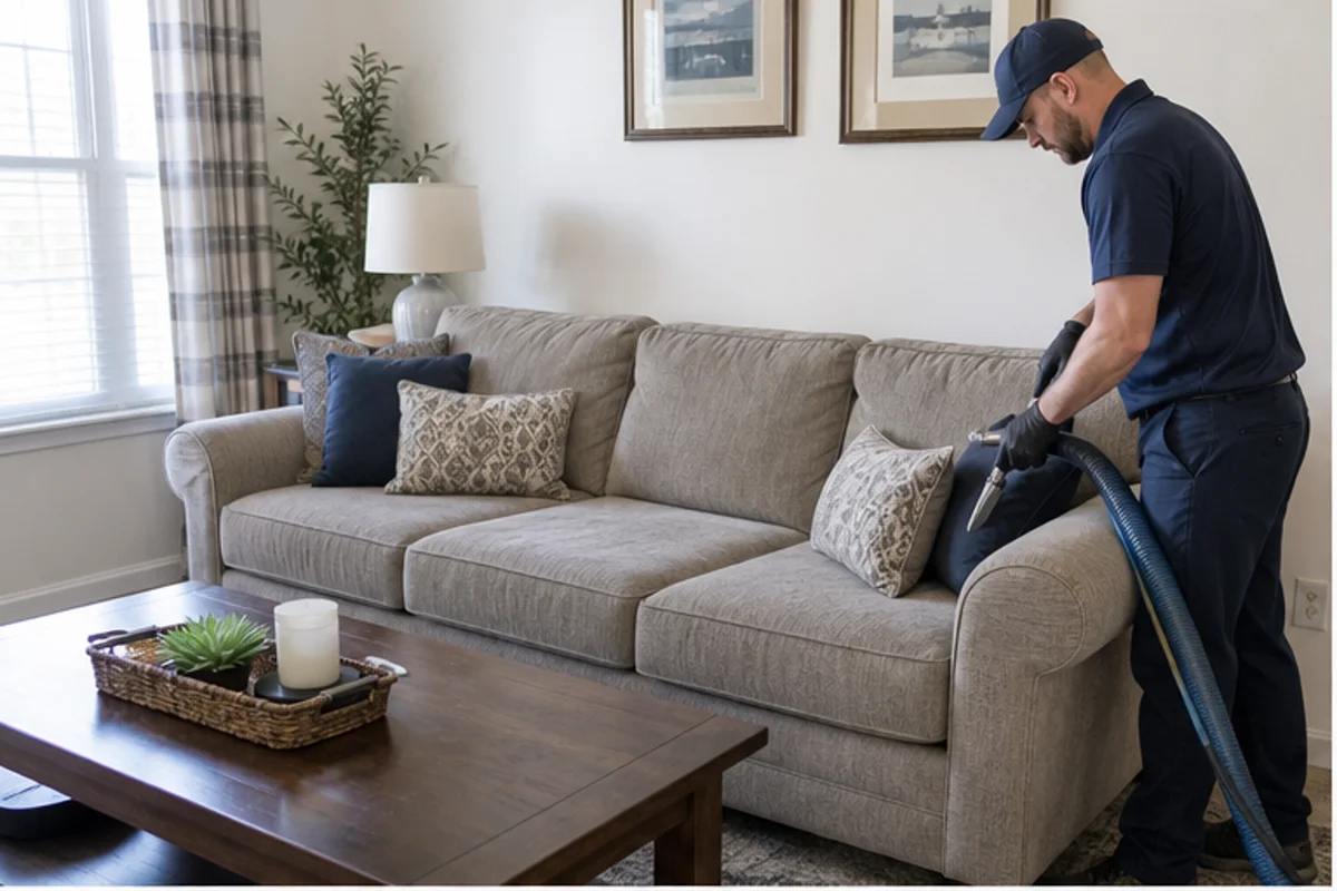 A well-kept family room with a fabric sofa and natural window light in a Griffith home for upholstery cleaning