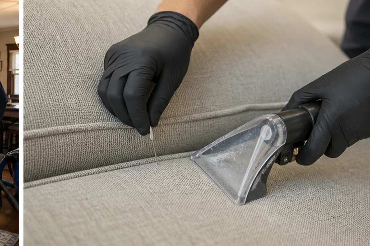 Close professional detail of upholstery cleaning assessment in a Hammond home