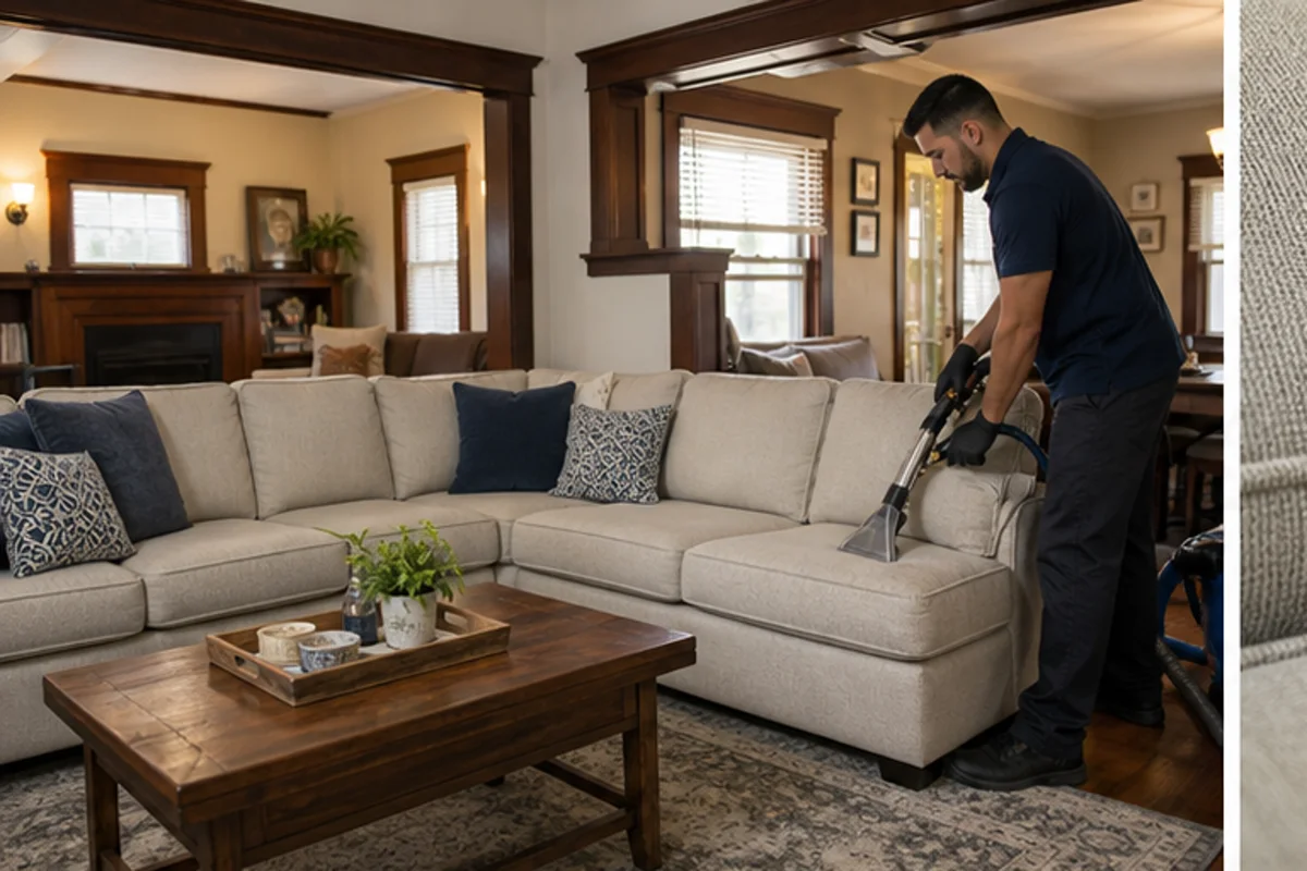 A well-kept family room with a fabric sofa and natural window light in a Hammond home for upholstery cleaning
