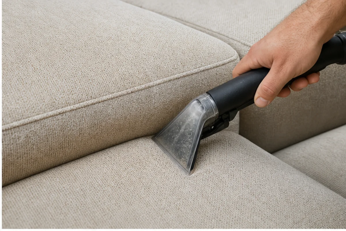 Close professional detail of upholstery cleaning assessment in a Highland home