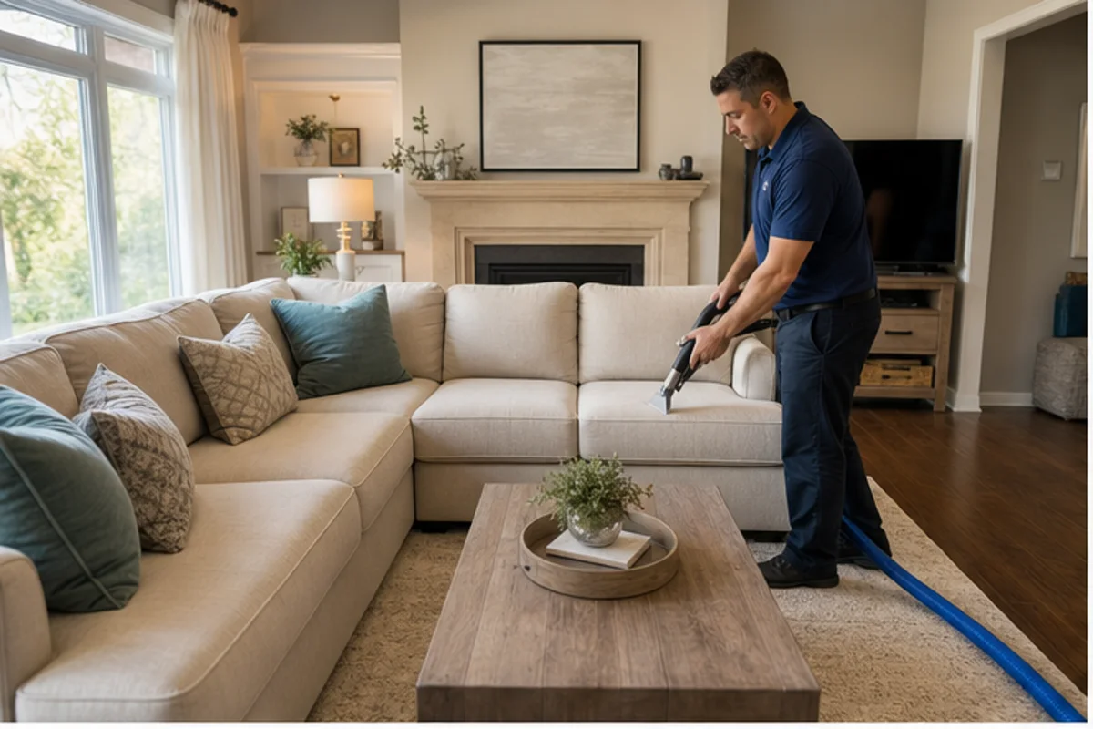 A well-kept family room with a fabric sofa and natural window light in a Highland home for upholstery cleaning