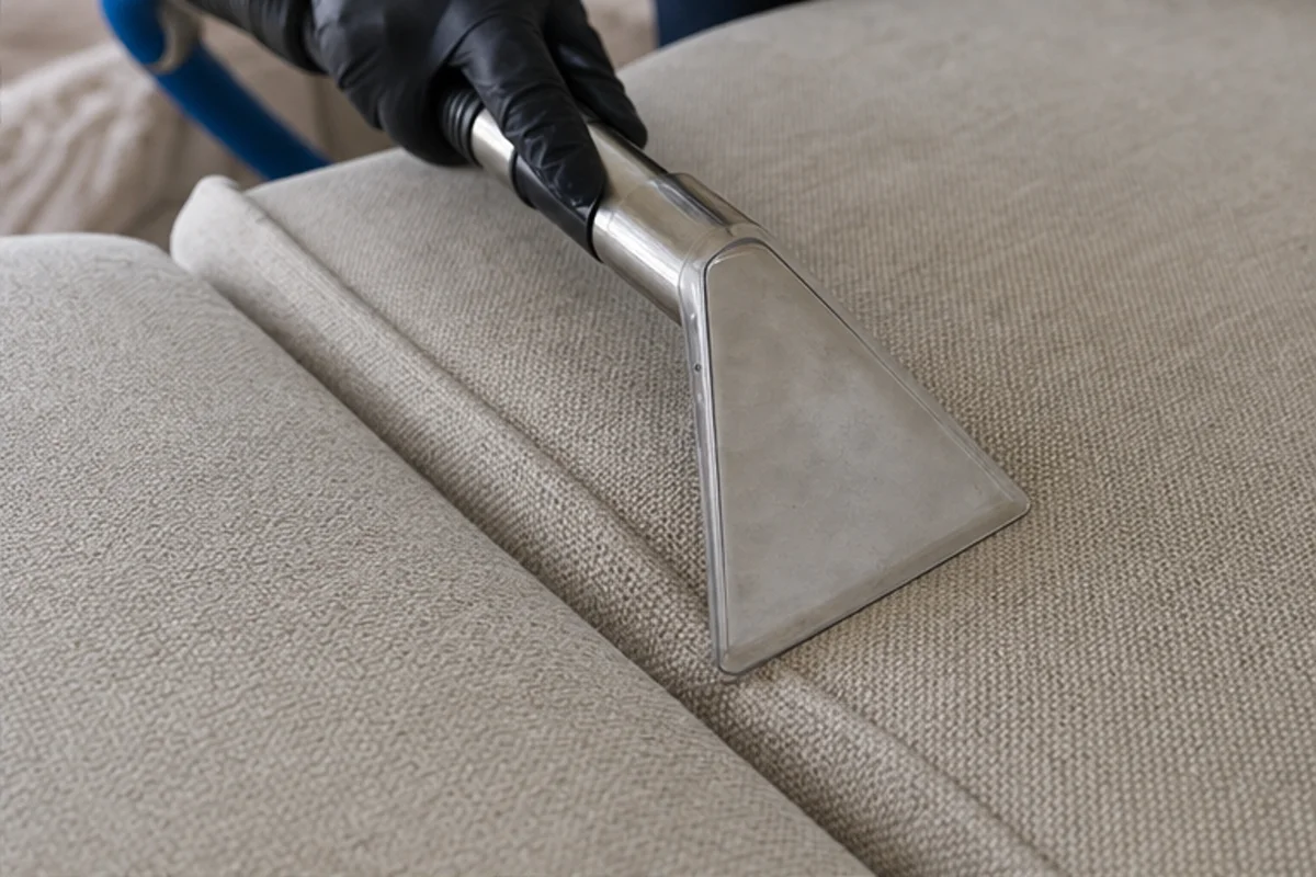 Close professional detail of upholstery cleaning assessment in a Munster home