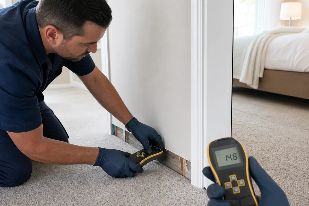 Professional carpet extraction equipment positioned safely near a wet living room area