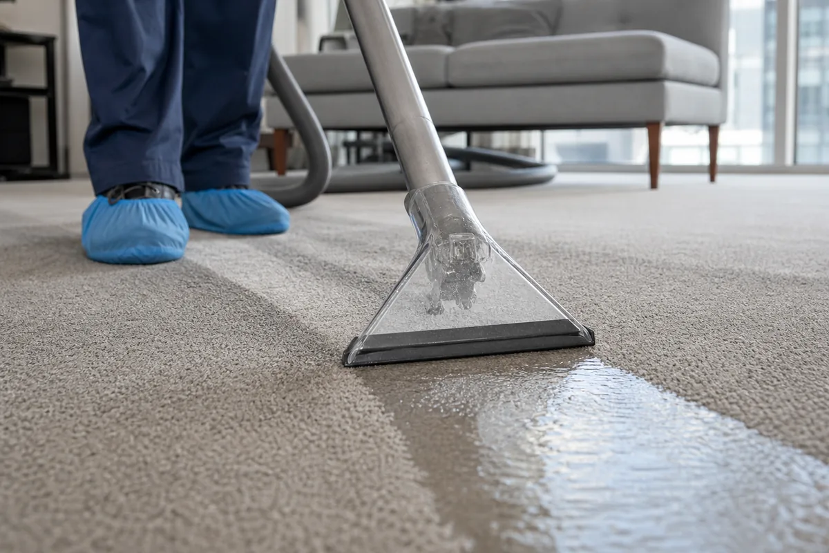 Technician assessing the boundary of clean water on carpet in a Hammond basement