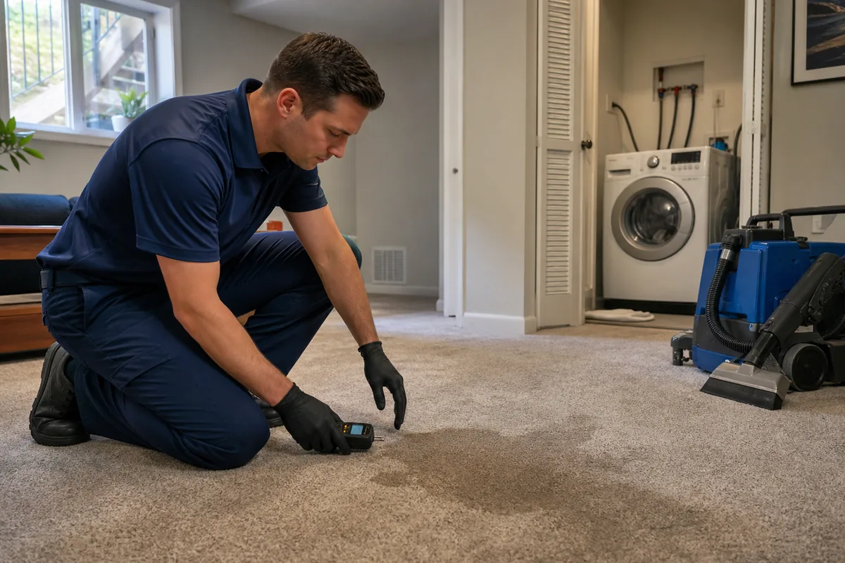 Technician assessing the boundary of clean water on carpet in a Hammond basement