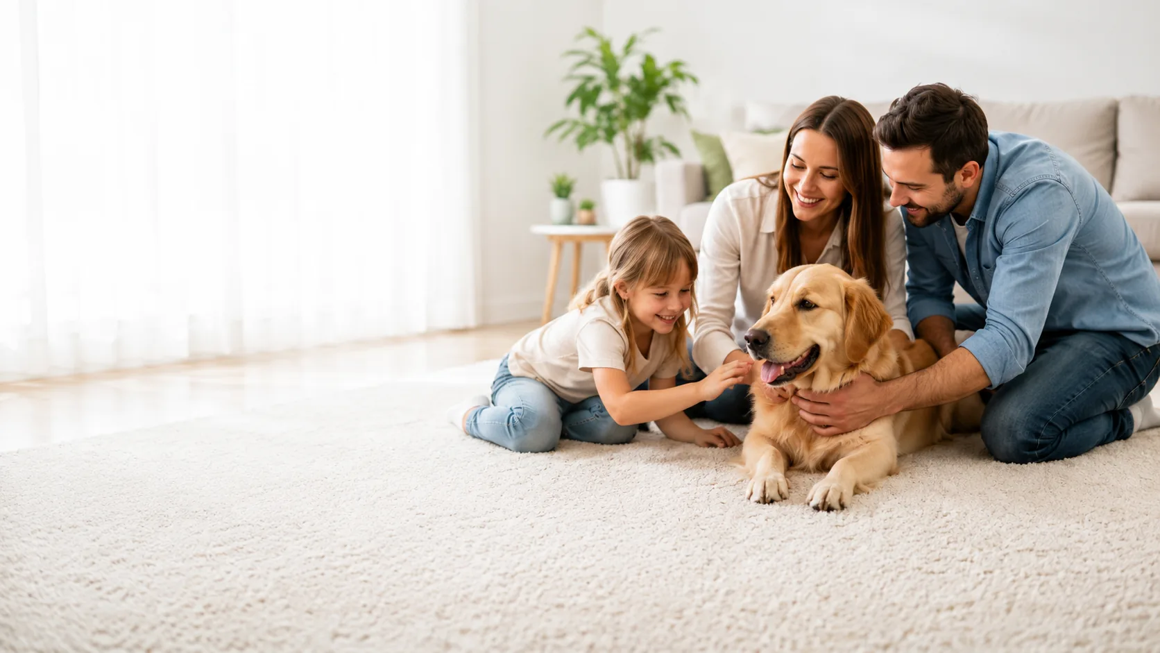 Northwest Indiana family and golden retriever relaxing together on freshly cleaned carpet