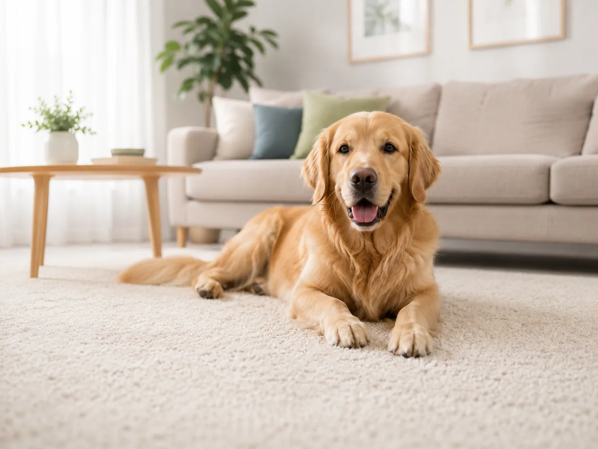 Golden retriever resting comfortably on clean carpet