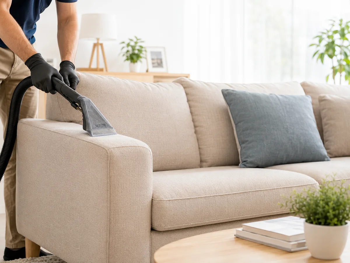 Careful upholstery cleaning on a light fabric sofa